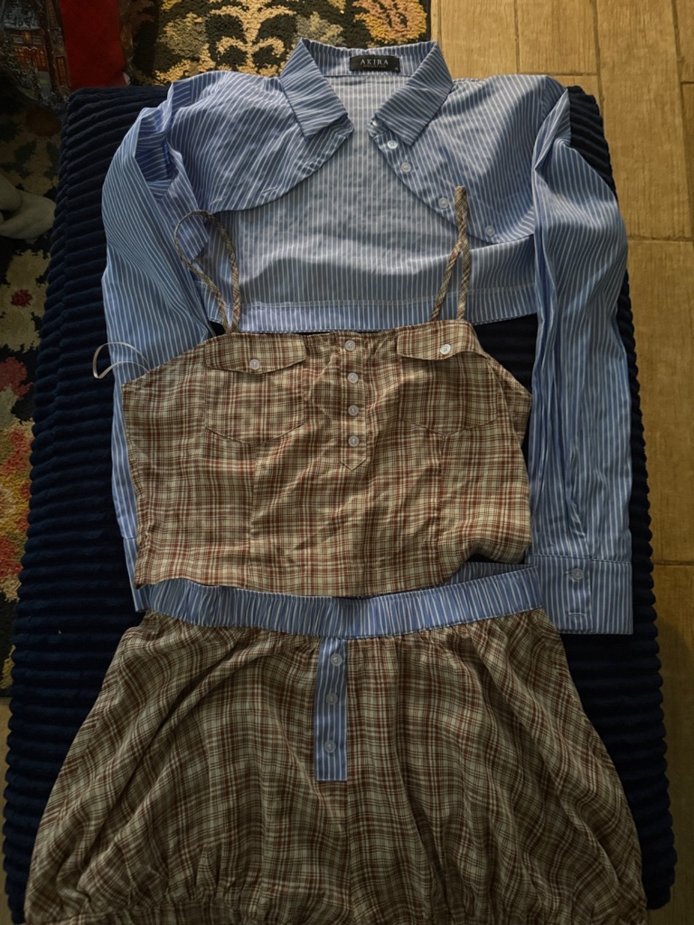 AKIRA Blue Striped Button Crop with Brown Plaid Layered Set